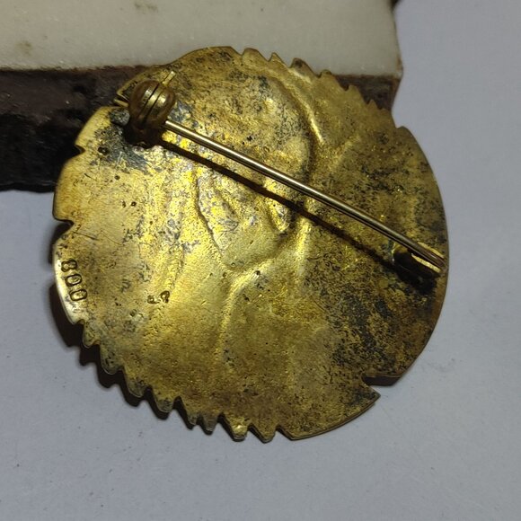 Vermeil Gold over 800 Silver Egyptian Revival Peacock Vintage Brass Pin Brooch - Picture 3 of 8